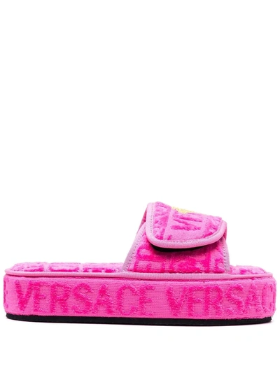 Versace Logo-print Open-toe Slides In Rosa