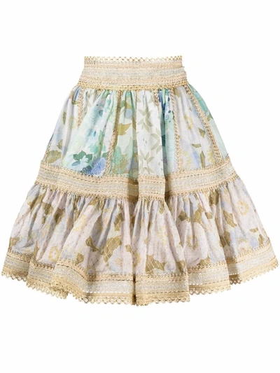 Zimmermann Rhythm Gathered Metallic Floral-print Gauze Mini Skirt In Light Blue,green,gold