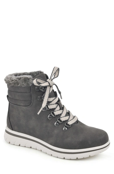 White Mountain Hallet Faux Fur Trim Lace-up Bootie In Grey/ Fabric/ Fur