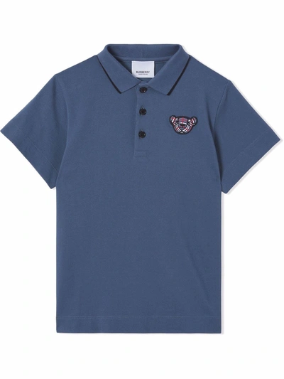 Burberry Kids' Boy's Hecter Embroidered Vintage Check Bear Polo Shirt In Pebble Blue