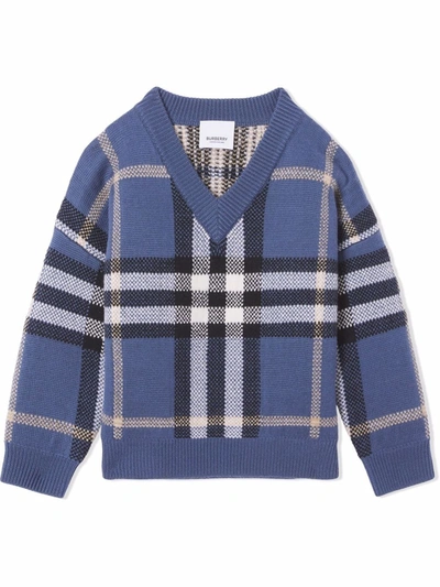 Burberry Kids' Little Boy's & Boy's Denny Check Intarsia Wool-cashmere Sweater In Pebble Blue Ip Chk