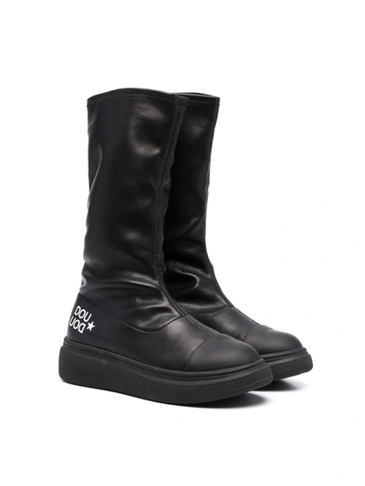 Douuod Teen Logo-print Leather Boots In Black