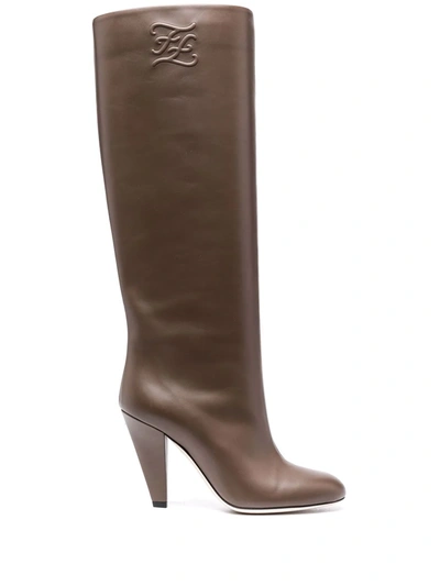 Fendi Logo-embossed Leather Knee-high Boots In Brown