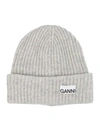 Ganni Logo-patch Ribbed-knit Beanie In Melange Grey