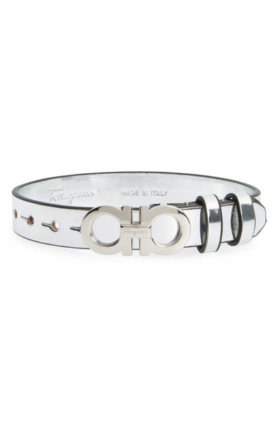 Ferragamo Men's Gancini Metallic Leather Bracelet In Silver