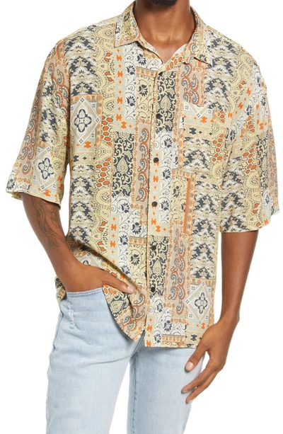 Topman Oversize Vintage Print Short Sleeve Camp Shirt In Gold