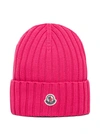 MONCLER PINK WOOL HAT WITH LOGO PATCH