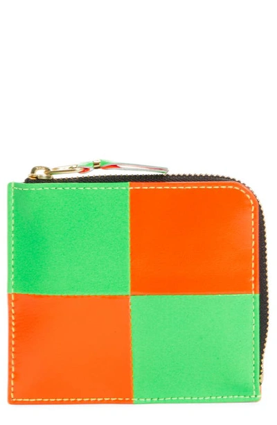 Comme Des Garçons Commes De Garcon Fluorescent Squares Leather Wallet In Orange/ Green