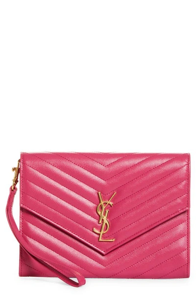 Saint Laurent Monogram Quilted Leather Clutch In Fuxia Couture