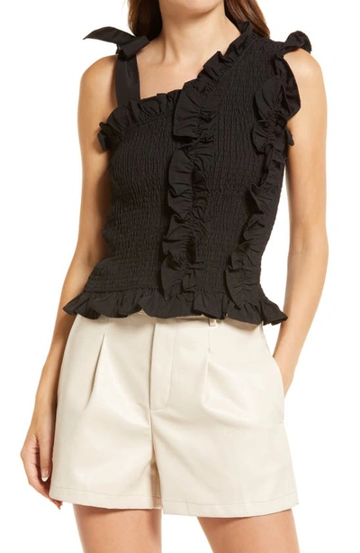 Amy Lynn Shirred Asymmetrical Tie Shoulder Top In Black