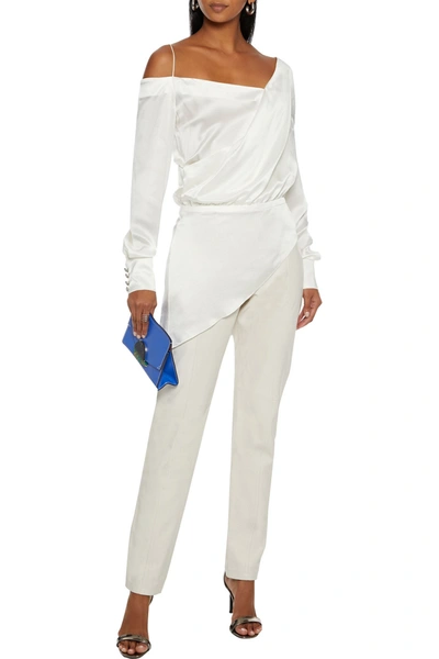 Balmain Asymmetric Wrap-effect Draped Silk-satin Peplum Top In White