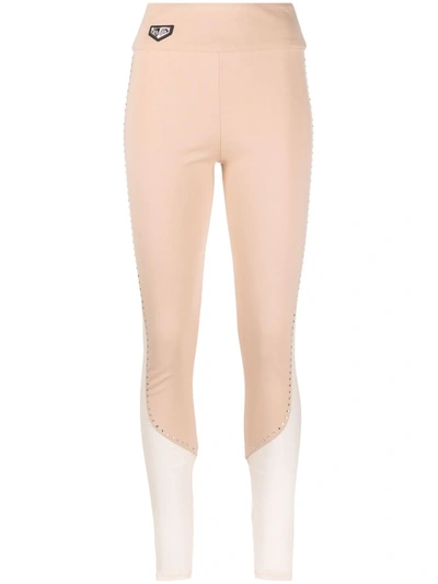 Philipp Plein Stud-detail Sheer-paneling Leggings In Neutrals