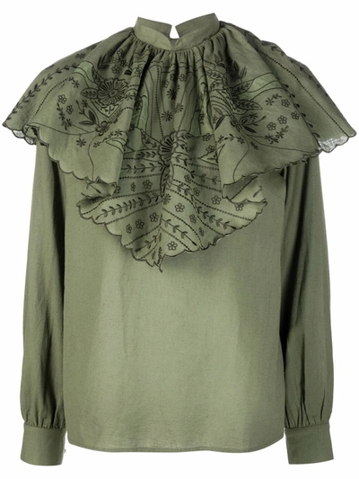 Etro Ruched Floral-embroidery Blouse In Grün