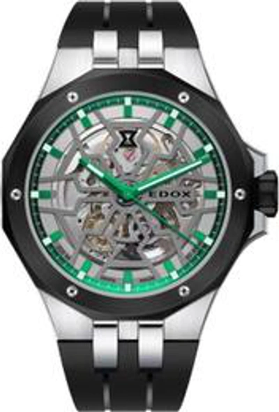 Edox Delfin Mecano Automatic Green Skeletonized Dial Mens Watch 85303 3nn Vb In Black / Green / Skeleton