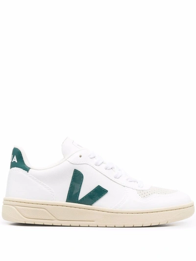 Veja V-10 Bastille White Leather Sneakers In White And Green