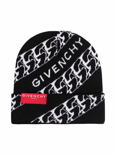 Givenchy Kids' 周身logo羊毛针织便帽 In Black