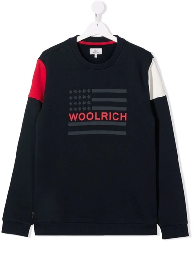 Woolrich Teen Logo-print Crewneck Sweatshirt In Blue