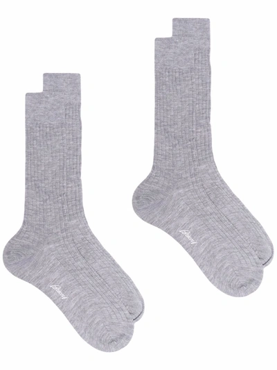 Brioni Ribbed-knit Cashmere Socks In Grey
