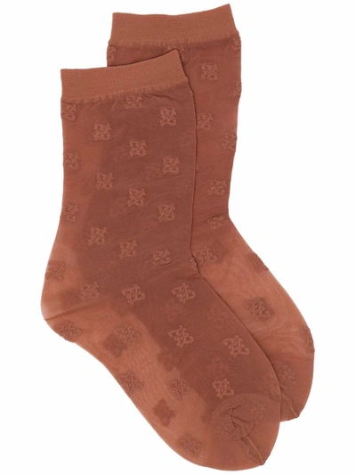 Fendi Karligraphy-embroidered Mesh Socks In Brown