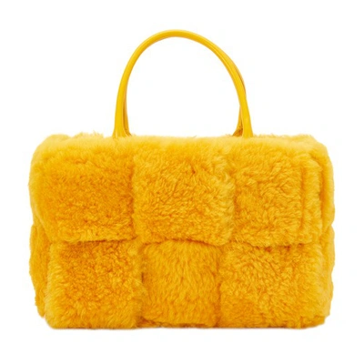 Bottega Veneta Arco Intreccio Shearling Tote Bag In Egg Yolk Gold