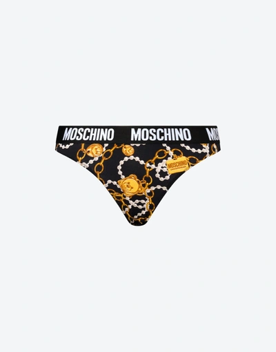 Moschino All-over Teddy Chain Stretch Thong In Black