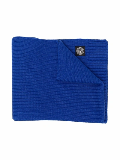 Stone Island Junior Kids' Logo-patch Knit Scarf In Blue