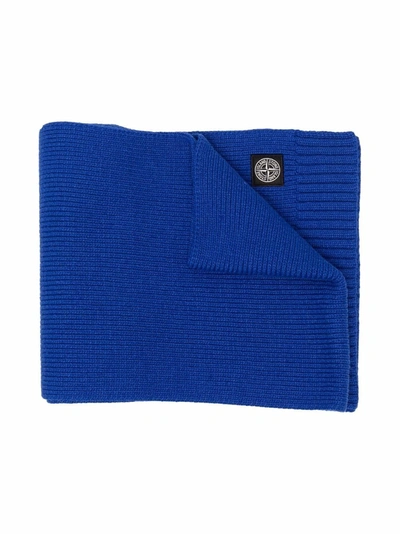 Stone Island Kids' Logo-patch Knit Scarf In Blue