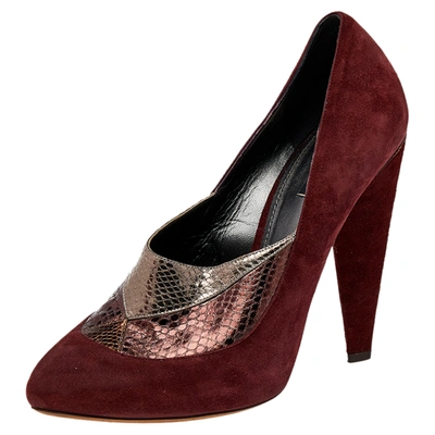 Pre-owned Dolce & Gabbana Burgundy/brown Suede And Python Embossed Leather Pointed Toe Pumps Size 41