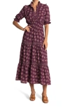 Max Studio Elbow Length Sleeve Print Tiered Maxi Dress In Dpurcltf