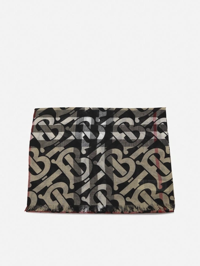 Burberry Wool And Silk Scarf With All-over Monogram Motif In Black