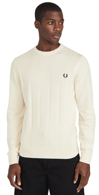 Fred Perry Cable Knit Crew Neck Sweater In Ecru-white