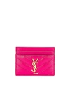 Saint Laurent Monogramme Grain De Poudre Leather Card Case, Golden Hardware In Fuxia