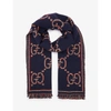 GUCCI MENS BROWN/BEIGE LOGO-EMBROIDERED WOOL SCARF