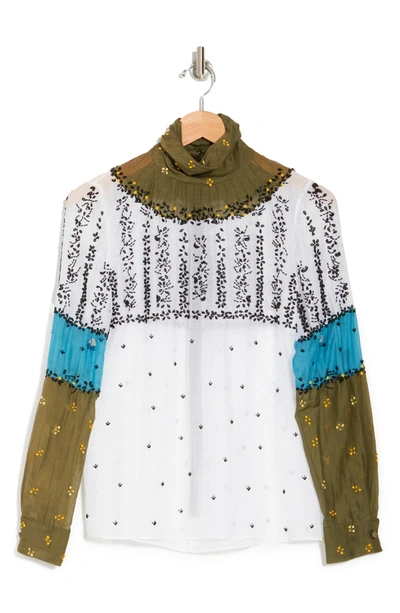 Valentino Turtleneck Floral Beaded Shirt In Bianco/cerulean/oasis