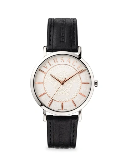 Versace V-essential Stainless Steel Leather Strap Watch In Black