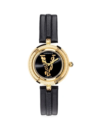 Versace Virtus Infinity Ip Yellow Gold Leather Strap Watch In Black