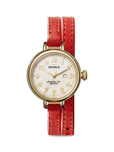 Shinola Birdy Stainless Gold Plated Leather Strap Watch In White