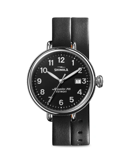 Shinola Birdy Stainless Steel Leather Strap Watch In Black