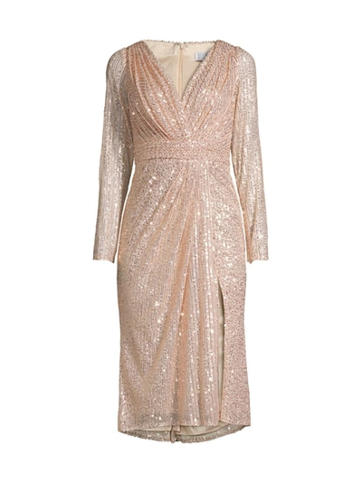 Mac Duggal Sequined Long Sleeve Midi Dress In Rose Gold