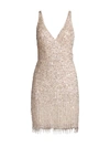 Mac Duggal Beaded Mini Sheath Dress In Nude Silver