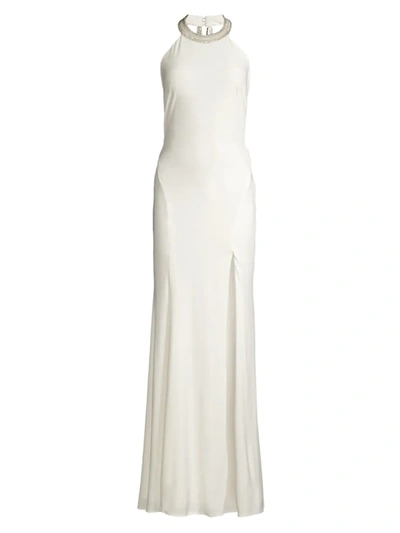 Mac Duggal Beaded Crystal Halter Gown In White