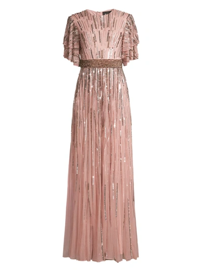 Mac Duggal Sequined Flutter-sleeve Gown In Vintage Rose