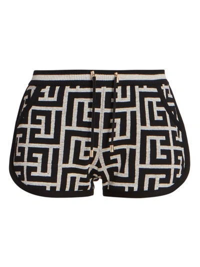 Balmain Monogram Wool And Linen-blend Shorts In Ivory Black
