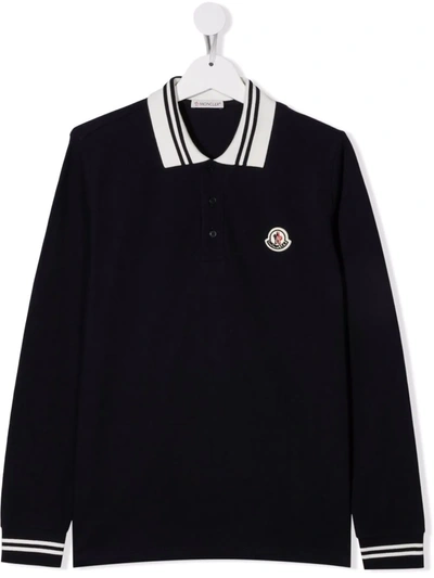 Moncler Teen Logo-patch Long-sleeved Polo Shirt In Blue