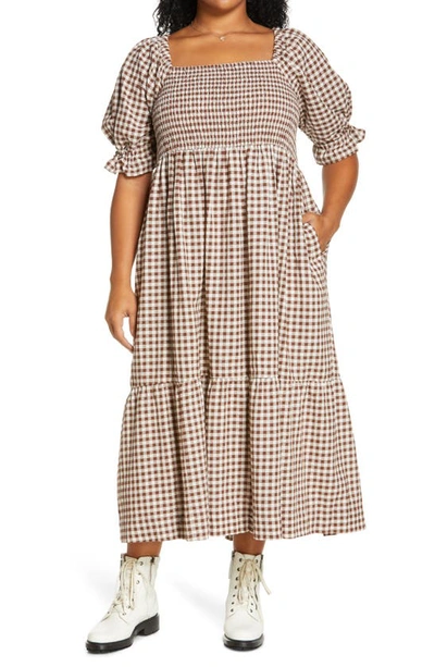 Madewell Lucie Gingham Check Smocked Midi Dress In Drop Stitch Plaid Rich  Brown | ModeSens