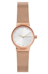 Skagen Women's Freja Rose Gold-tone Stainless Steel Mesh Bracelet Watch 26mm In Rose Gold/ White/ Rose Gold