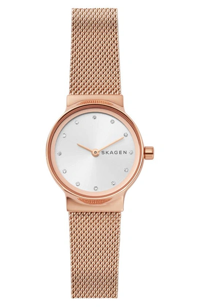 Skagen Women's Freja Rose Gold-tone Stainless Steel Mesh Bracelet Watch 26mm In Rose Gold/ White/ Rose Gold