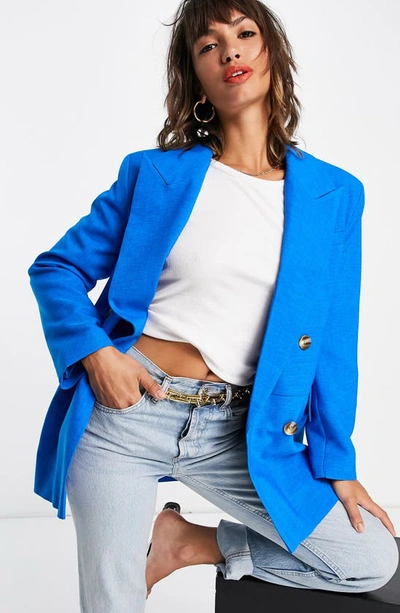 Topshop Double Breasted Bold Shoulder Blazer In Bright Blue-blues