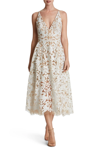 Dress The Population Blair Embellished Fit & Flare Dress In White/ Nude