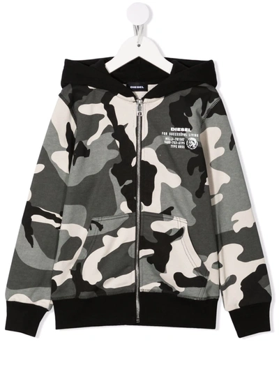 Diesel Kids' Camouflage Print Hoodie In Grey